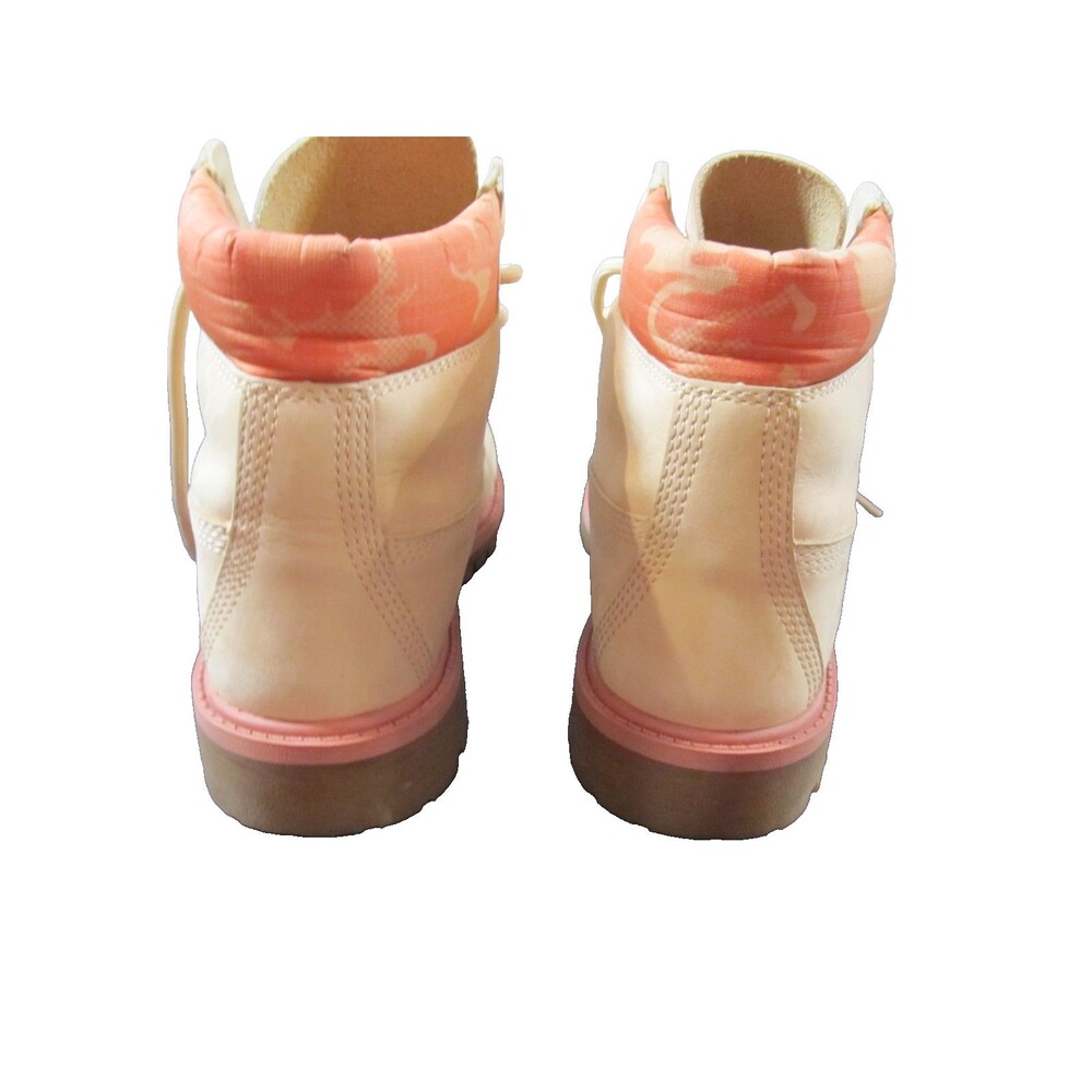 Timberland Kids Boots Size 4 Tan Leather Pink Orange Padded Collar - Picture 5 of 12
